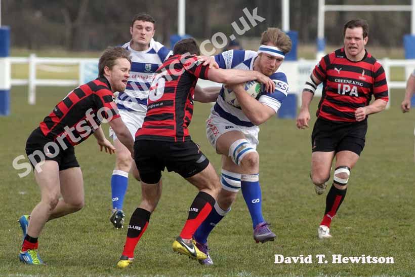 TTynedale's Sam Reynolds stopped by Blackheath's Mike Canty, National League Division 1, Tynedale Park, Corbridge, Northumberland.